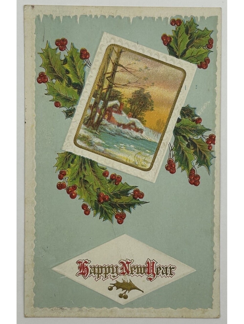 Antique Happy New Year Postcard Embossed Holly Berries Winter Cottage Scene E-14